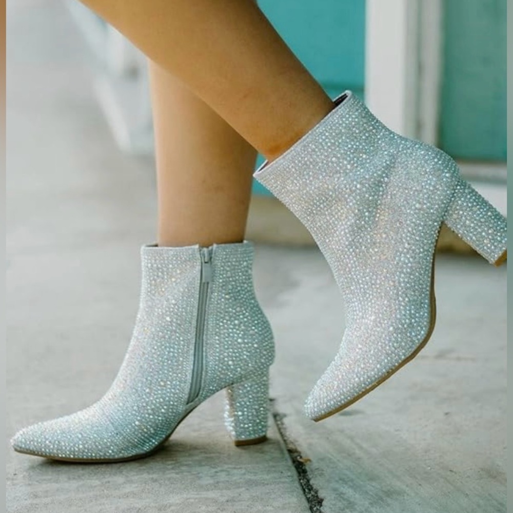 Forever Rhinestone Block Chunky Heel Ankle Bootie Glam Iceberg Silver 7 New